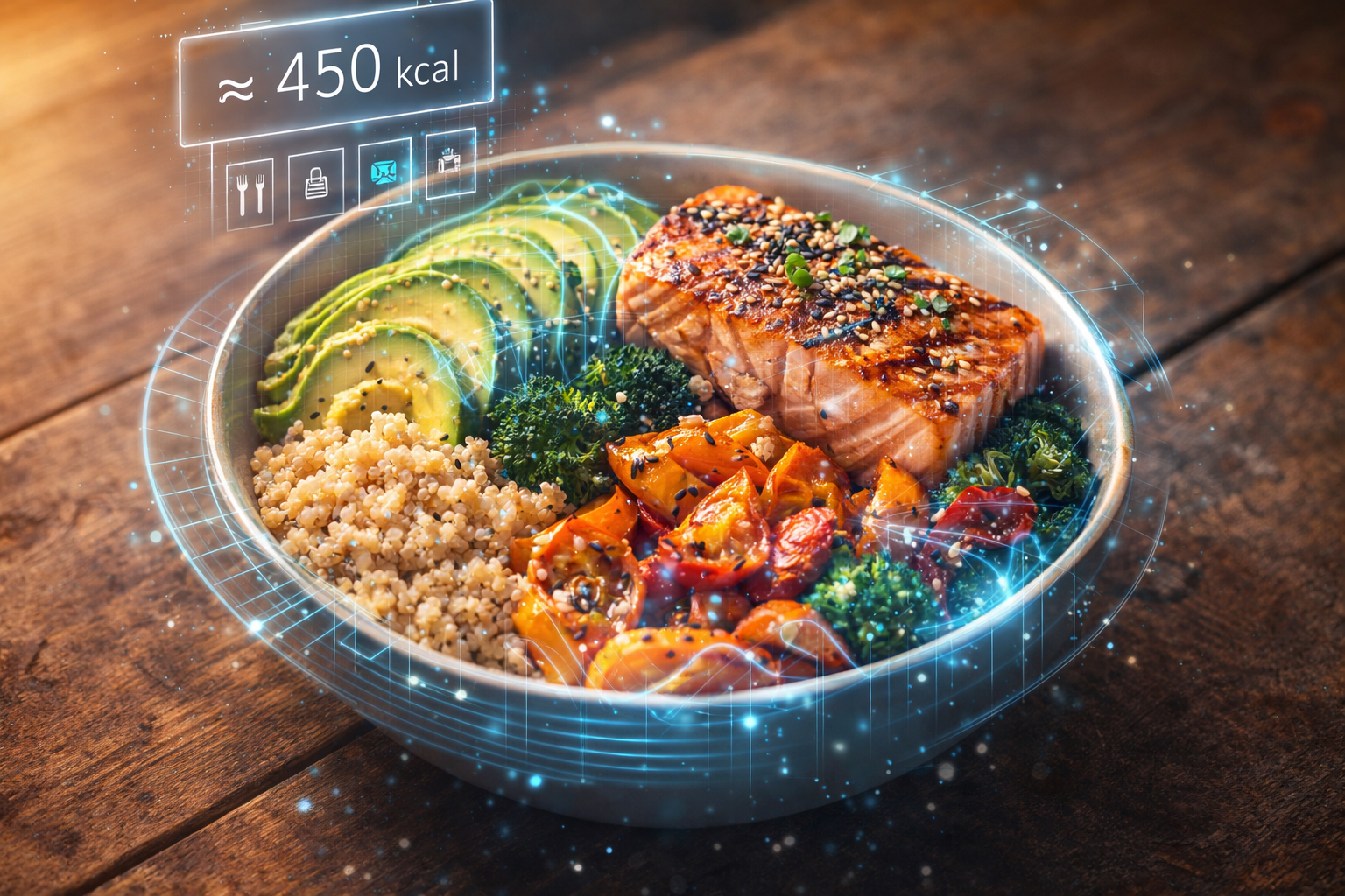 Buddha Bowl mit digitalem Nährwert-Overlay